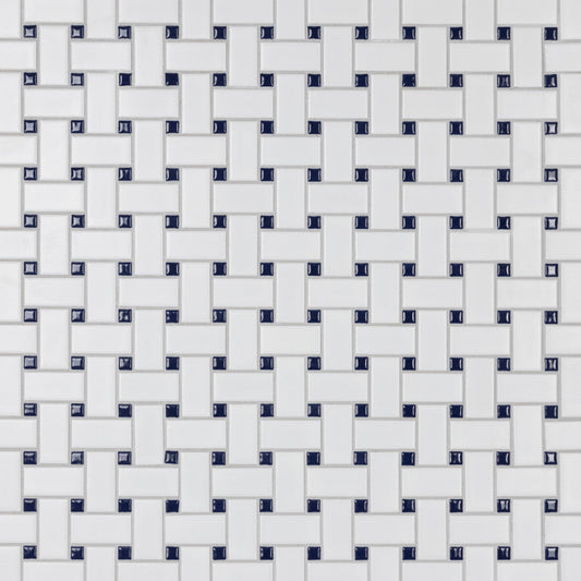 Merola Tile Metro Basketweave Matte White with Cobalt Dot 11-3/4 in. x 11-3/4 in. Porcelain Mosaic Tile (19.58 sq. ft./Case)