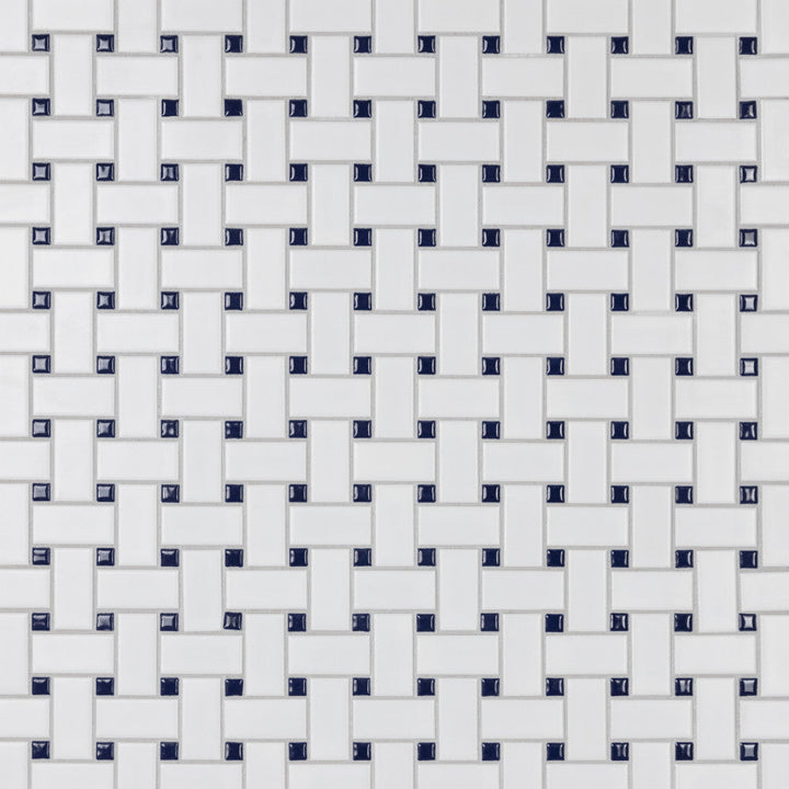 Merola Tile Metro Basketweave Matte White with Cobalt Dot 11-3/4 in. x 11-3/4 in. Porcelain Mosaic Tile (19.58 sq. ft./Case)