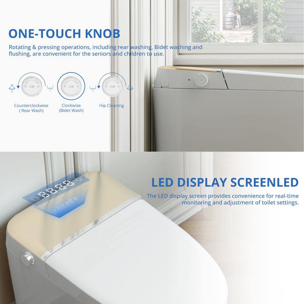 Relyblo Foot Sensing Elongated Bidet Toilet with Spa Spray - 1.27 GPF in Ivory Gold