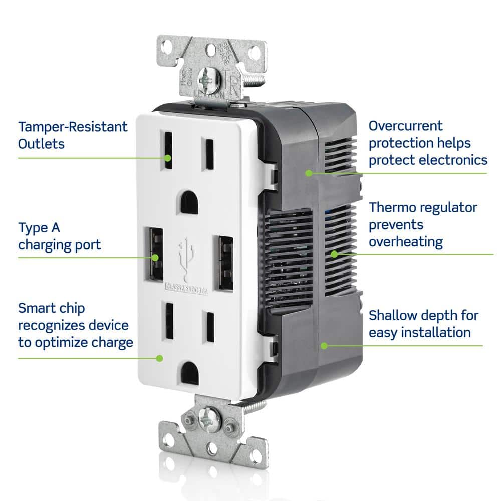Leviton 3.6A USB Dual Type A In‑Wall Charger with 15 Amp Tamper-Resistant Outlets, Ivory