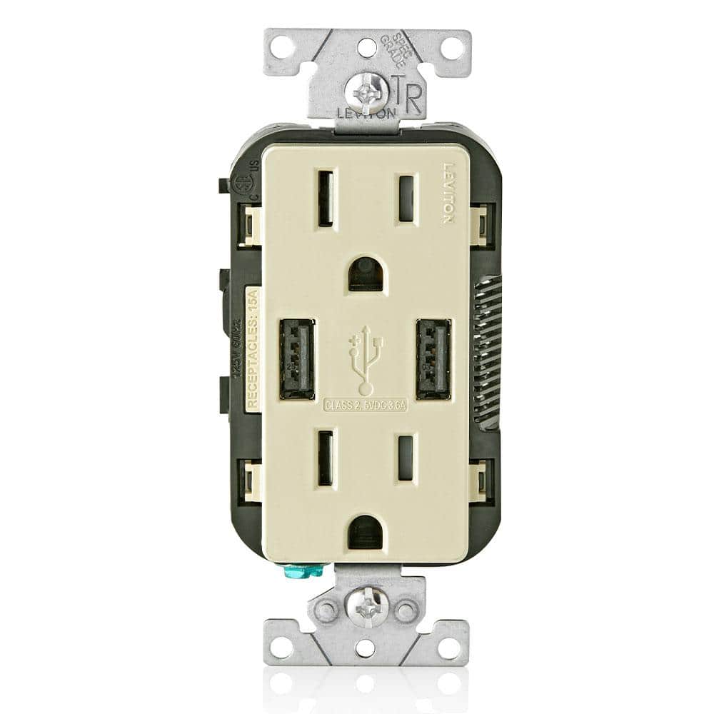 Leviton 3.6A USB Dual Type A In‑Wall Charger with 15 Amp Tamper-Resistant Outlets, Ivory
