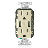 Leviton 3.6A USB Dual Type A In‑Wall Charger with 15 Amp Tamper-Resistant Outlets, Ivory