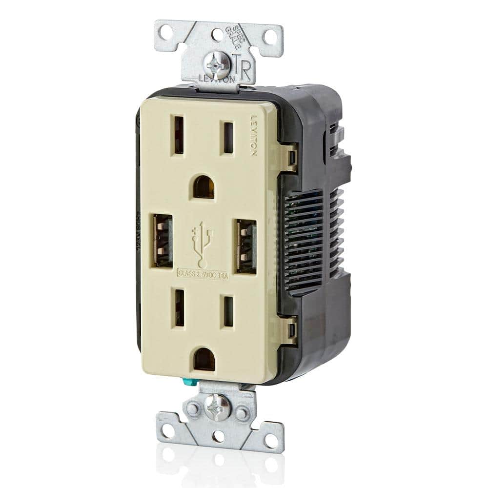 Leviton 3.6A USB Dual Type A In‑Wall Charger with 15 Amp Tamper-Resistant Outlets, Ivory