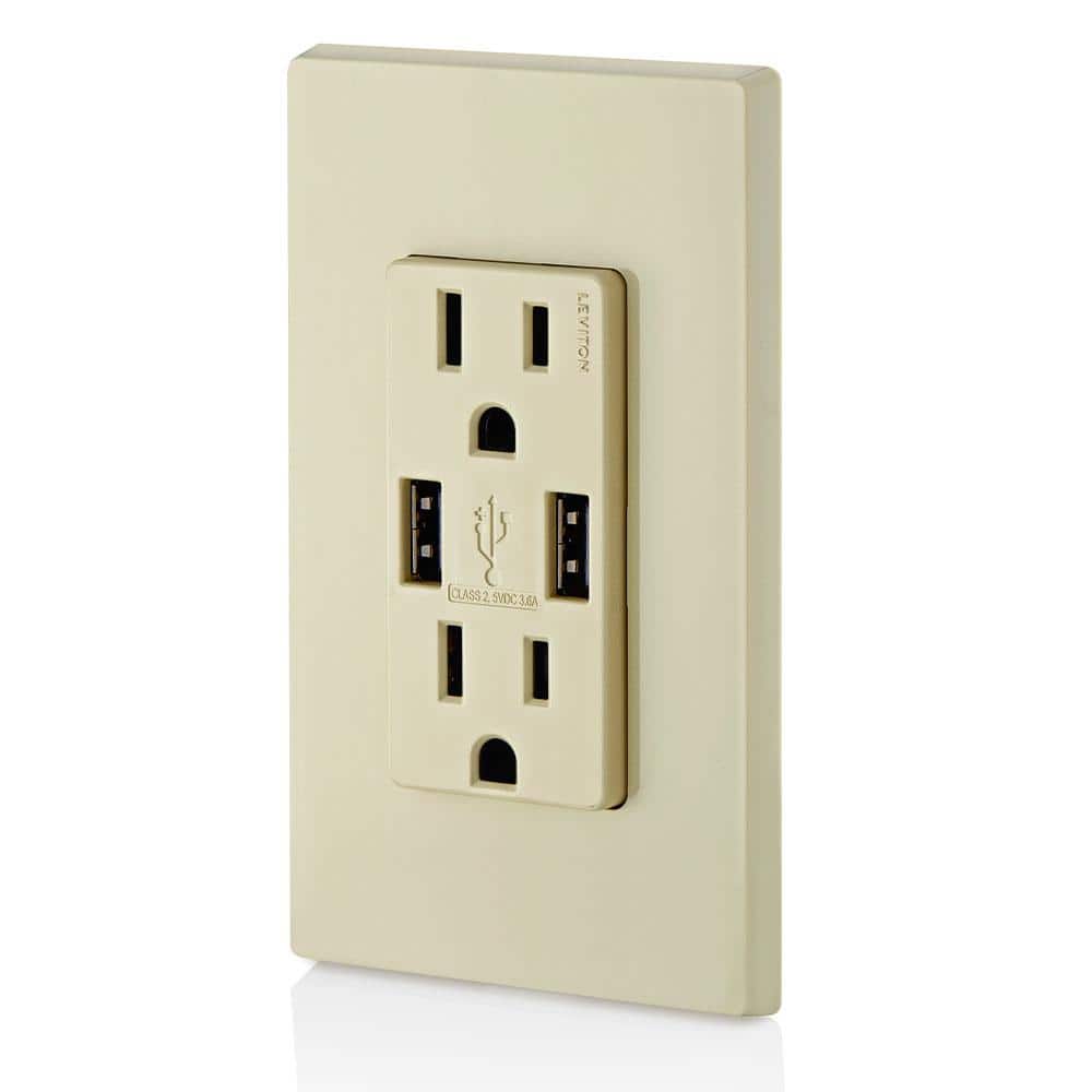 Leviton 3.6A USB Dual Type A In‑Wall Charger with 15 Amp Tamper-Resistant Outlets, Ivory