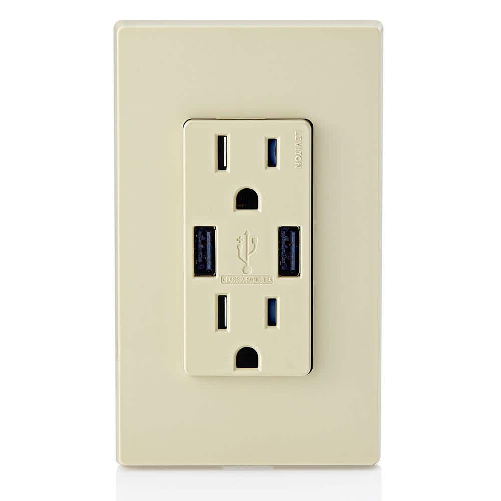 Leviton 3.6A USB Dual Type A In‑Wall Charger with 15 Amp Tamper-Resistant Outlets, Ivory