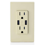 Leviton 3.6A USB Dual Type A In‑Wall Charger with 15 Amp Tamper-Resistant Outlets, Ivory