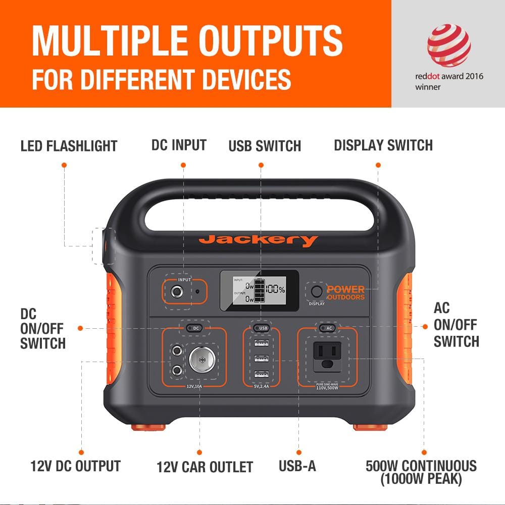 Jackery 500-Watt Continuous/100-Watt Peak Output Power Station Explorer 550 Push Button Start Battery Generator for Outdoors