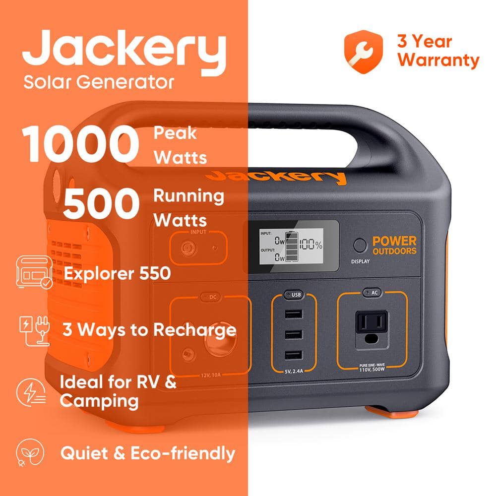 Jackery 500-Watt Continuous/100-Watt Peak Output Power Station Explorer 550 Push Button Start Battery Generator for Outdoors