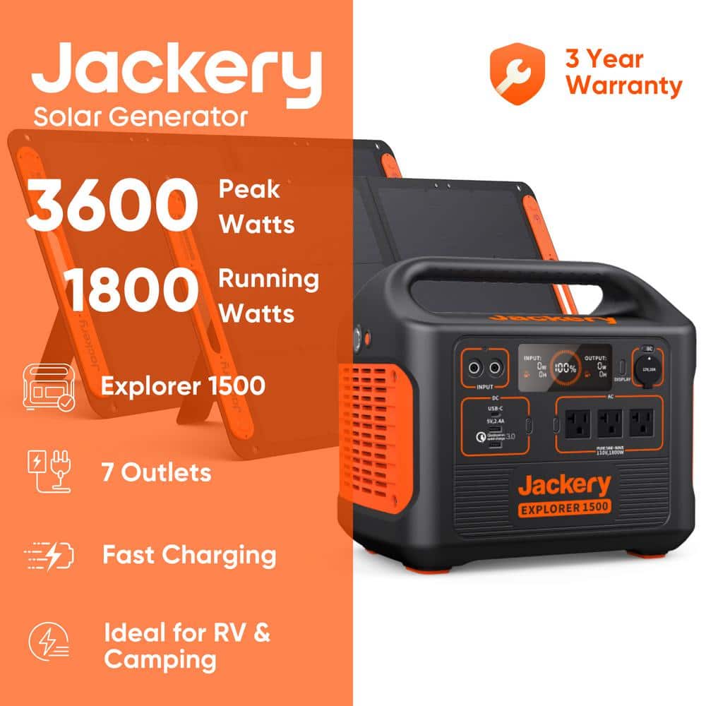 Jackery 1800-Watt Continuous/3600W Peak Solar Generator SG1500 with 2 Solar Panels 100W Push Button Start for Outdoors