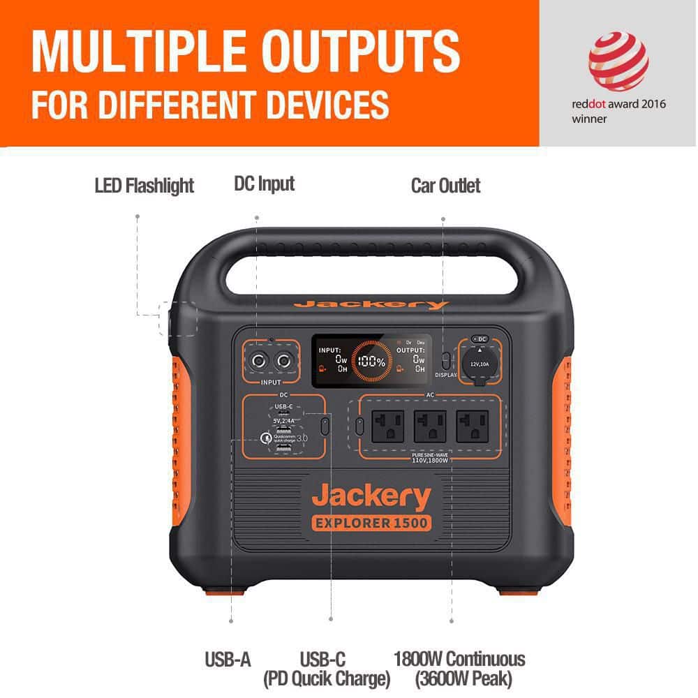 Jackery 1800-Watt Continuous/3600W Peak Solar Generator SG1500 with 2 Solar Panels 100W Push Button Start for Outdoors