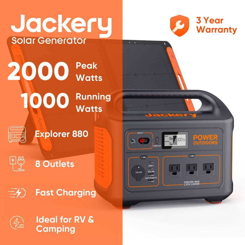 Jackery 1000-Watt Continuous Output, Solar Generator 880 Push Button Start Battery Generator with SolarSaga 100W Solar Panel