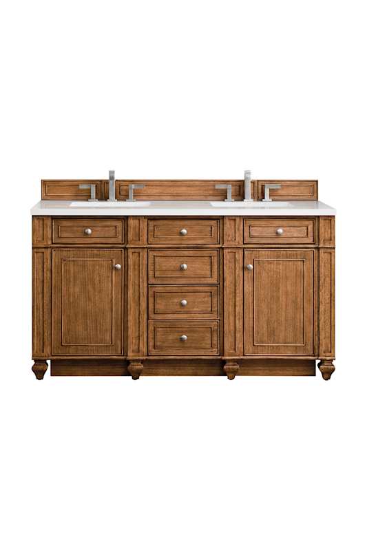 James Martin Vanities Bristol 60" Free Standing Double Basin Vanity Set, Saddle Brown Wood Cabinet with 3cm White Zeus Quartz Top