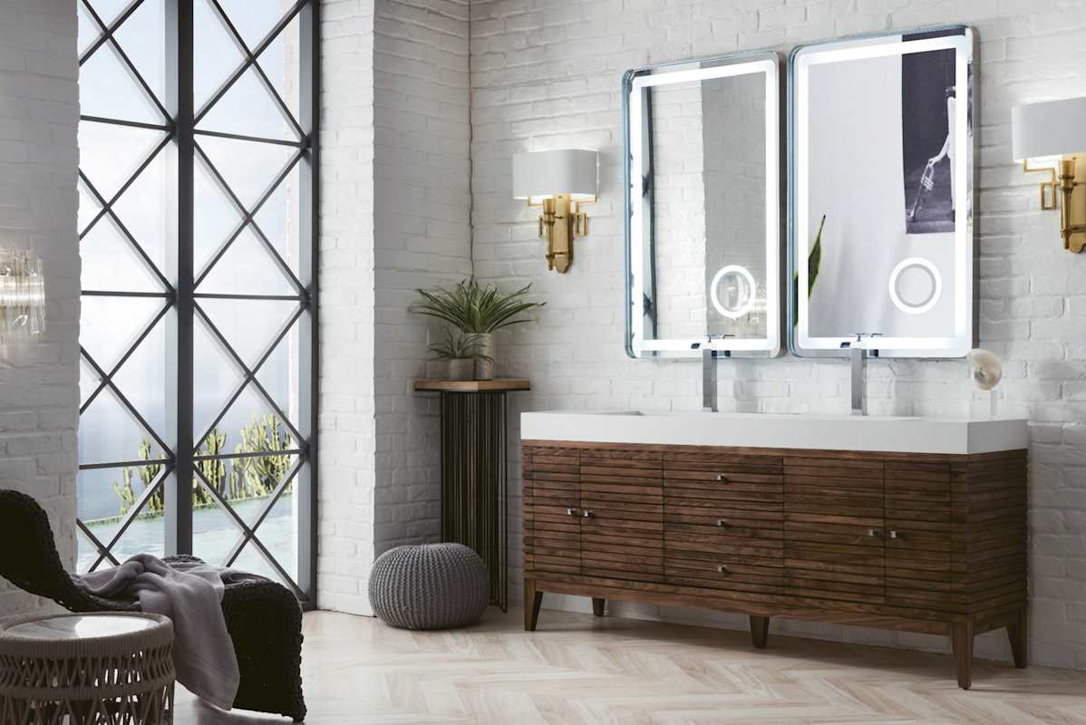 James Martin Vanities Linear 72" Double Basin Wood Vanity Set with USB/Electrical Outlet and Glossy White Solid Surface Top – Whitewashed Walnut
