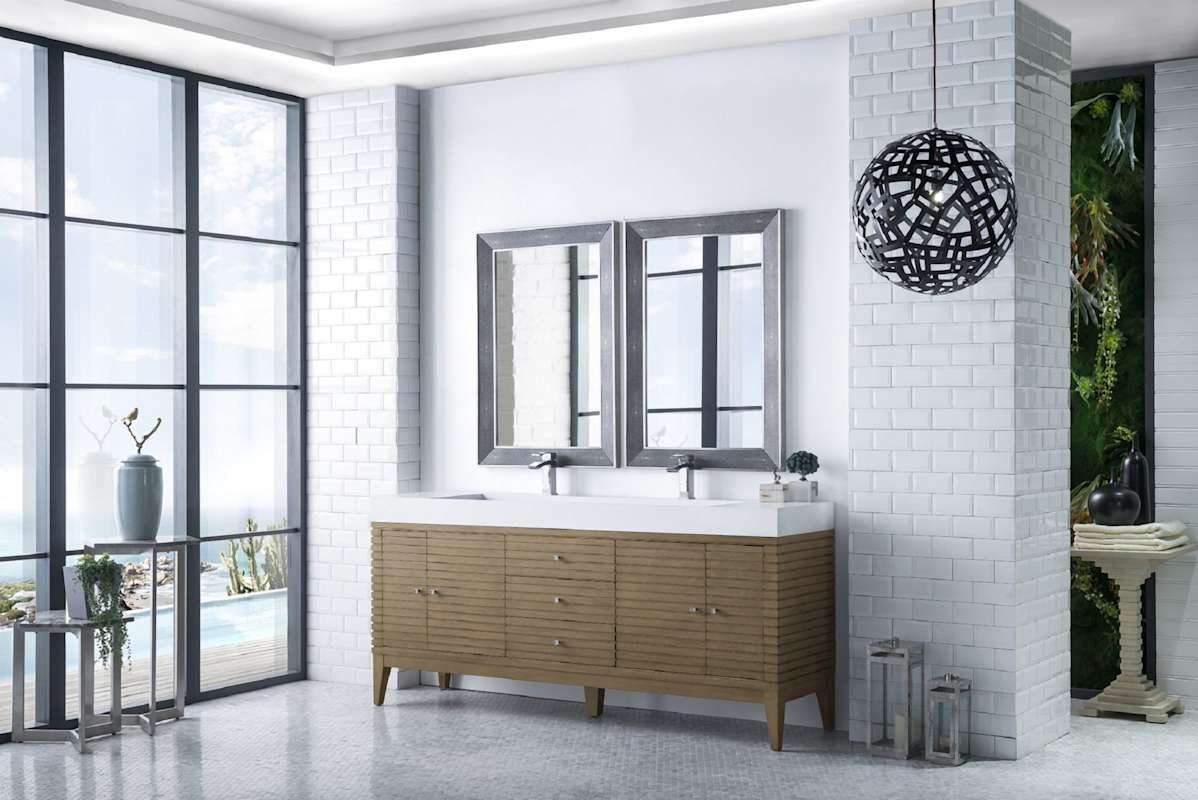 James Martin Vanities Linear 72" Double Basin Wood Vanity Set with USB/Electrical Outlet and Glossy White Solid Surface Top – Whitewashed Walnut