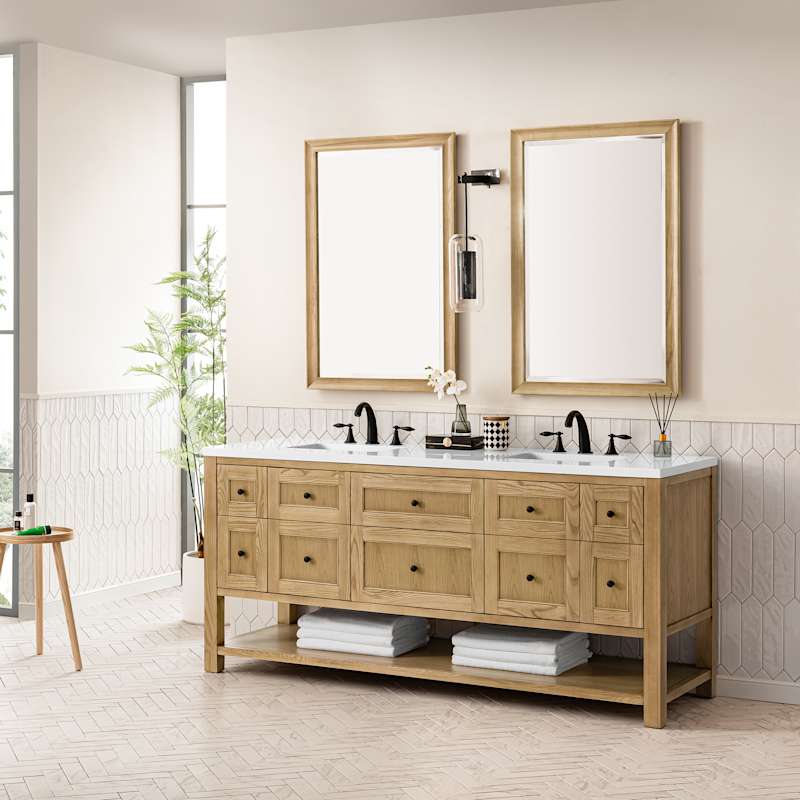 James Martin Vanities Breckenridge 72" Free Standing Double Basin Poplar Wood Vanity Set – Light Natural Oak with White Zeus Quartz Top & Rectangular Sinks