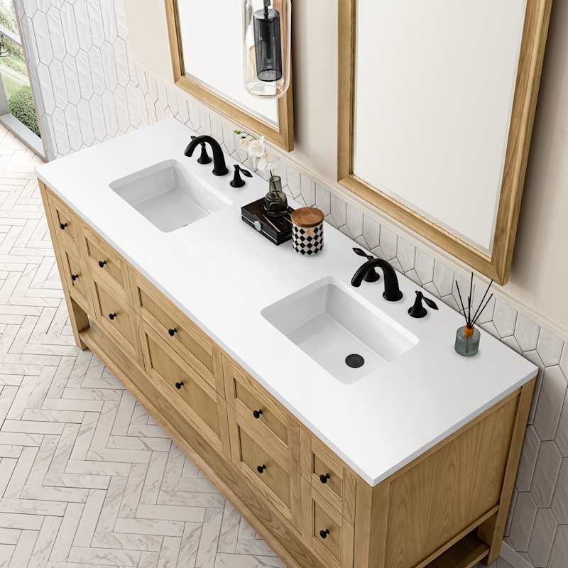 James Martin Vanities Breckenridge 72" Free Standing Double Basin Poplar Wood Vanity Set – Light Natural Oak with White Zeus Quartz Top & Rectangular Sinks