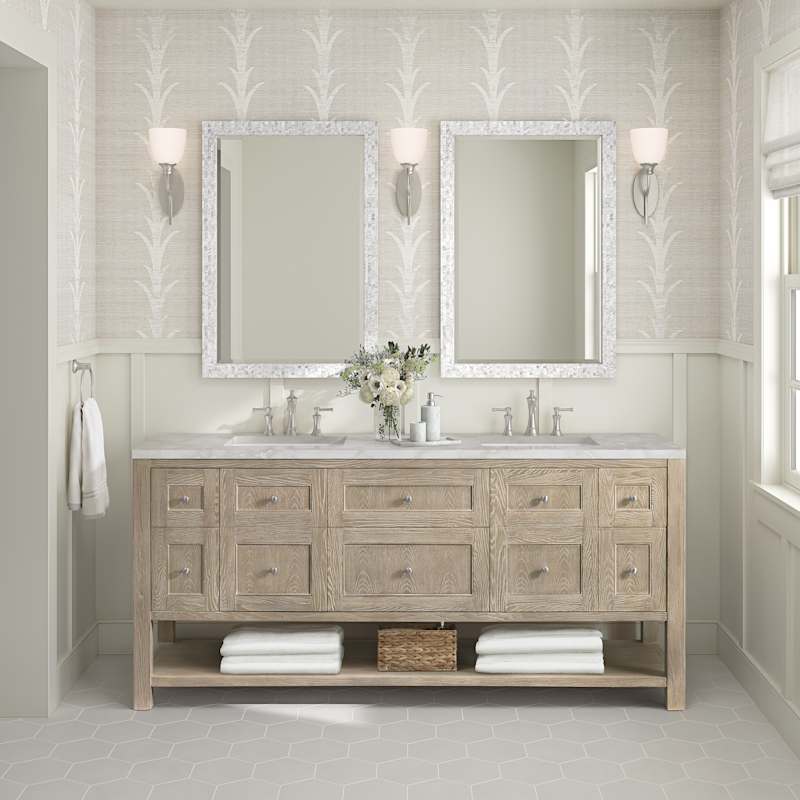 James Martin Vanities Breckenridge 72" Free Standing Double Basin Poplar Wood Vanity Set – Light Natural Oak with White Zeus Quartz Top & Rectangular Sinks