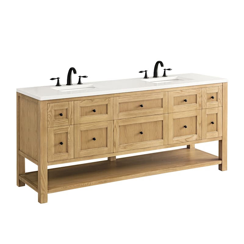 James Martin Vanities Breckenridge 72" Free Standing Double Basin Poplar Wood Vanity Set – Light Natural Oak with White Zeus Quartz Top & Rectangular Sinks