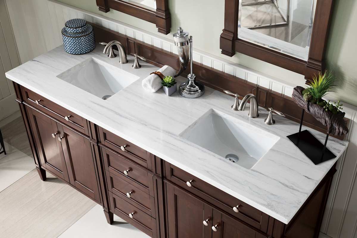 James Martin Vanities Brittany 72" Double Basin Poplar Wood Vanity Set with 3 cm Arctic Fall Solid Surface Top, Rectangular Undermount Sinks – Smokey Celadon