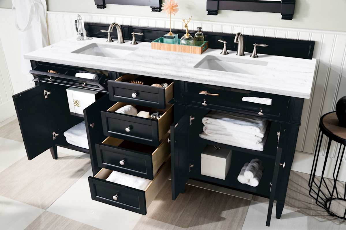 James Martin Vanities Brittany 72" Double Basin Poplar Wood Vanity Set with 3 cm Arctic Fall Solid Surface Top, Rectangular Undermount Sinks – Smokey Celadon