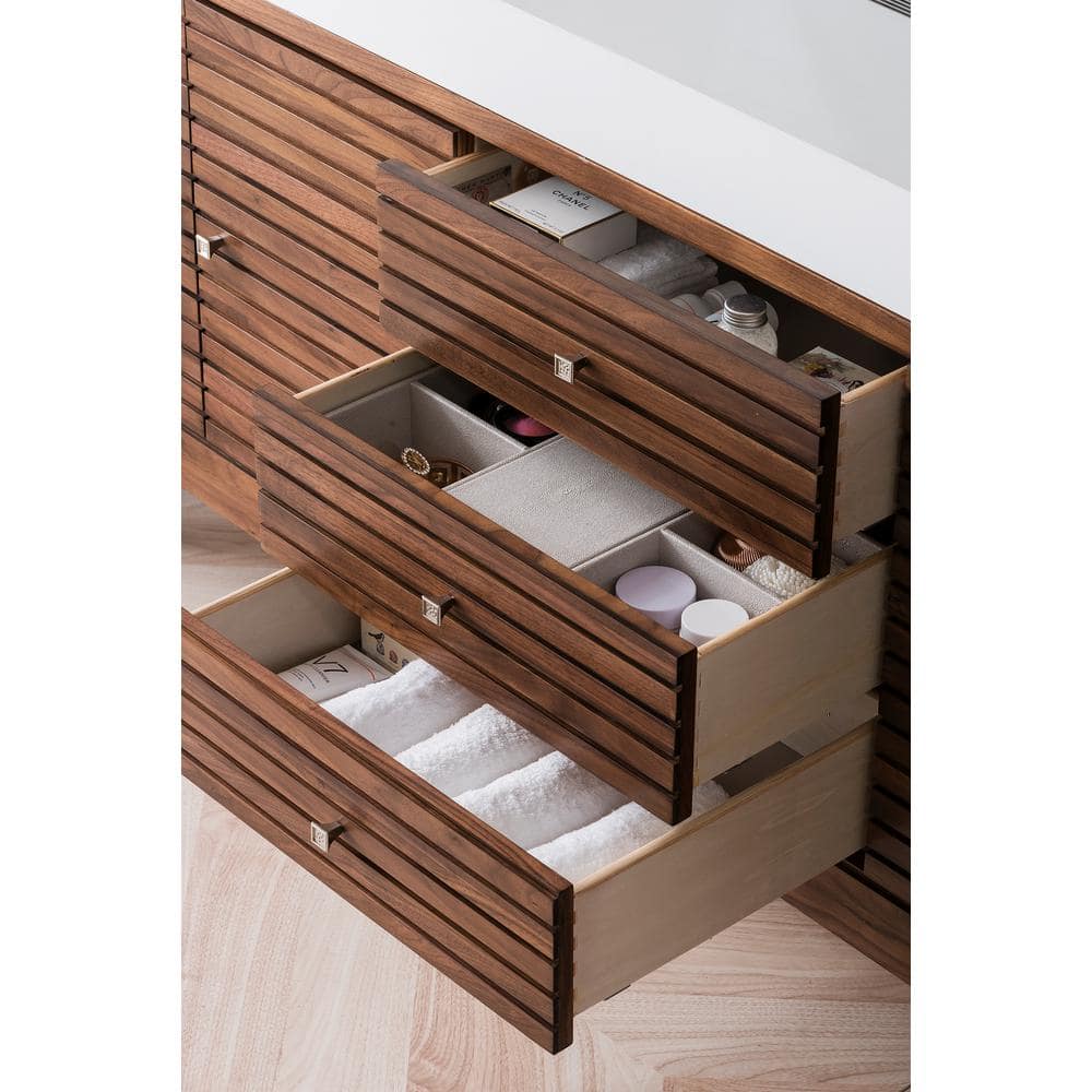 James Martin Vanities Linear Double Bath Vanity, 72.5 in., Walnut Finish, Glossy White Top