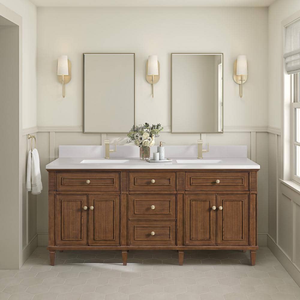 James Martin Vanities Lorelai 72" Double Sink Bathroom Vanity in Walnut with Quartz Top