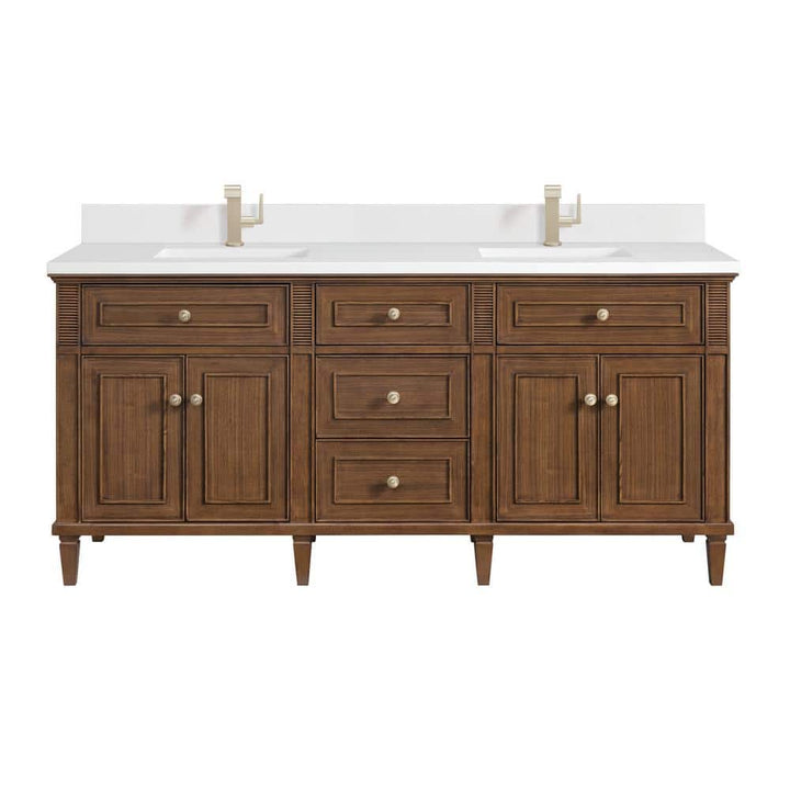 James Martin Vanities Lorelai 72" Double Sink Bathroom Vanity in Walnut with Quartz Top