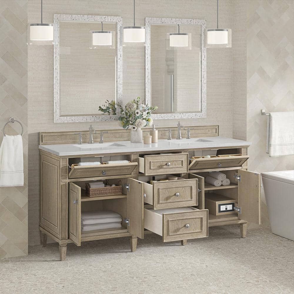 James Martin Vanities Lorelai 72" Double Sink Vanity in Whitewashed Oak with Arctic Fall Top