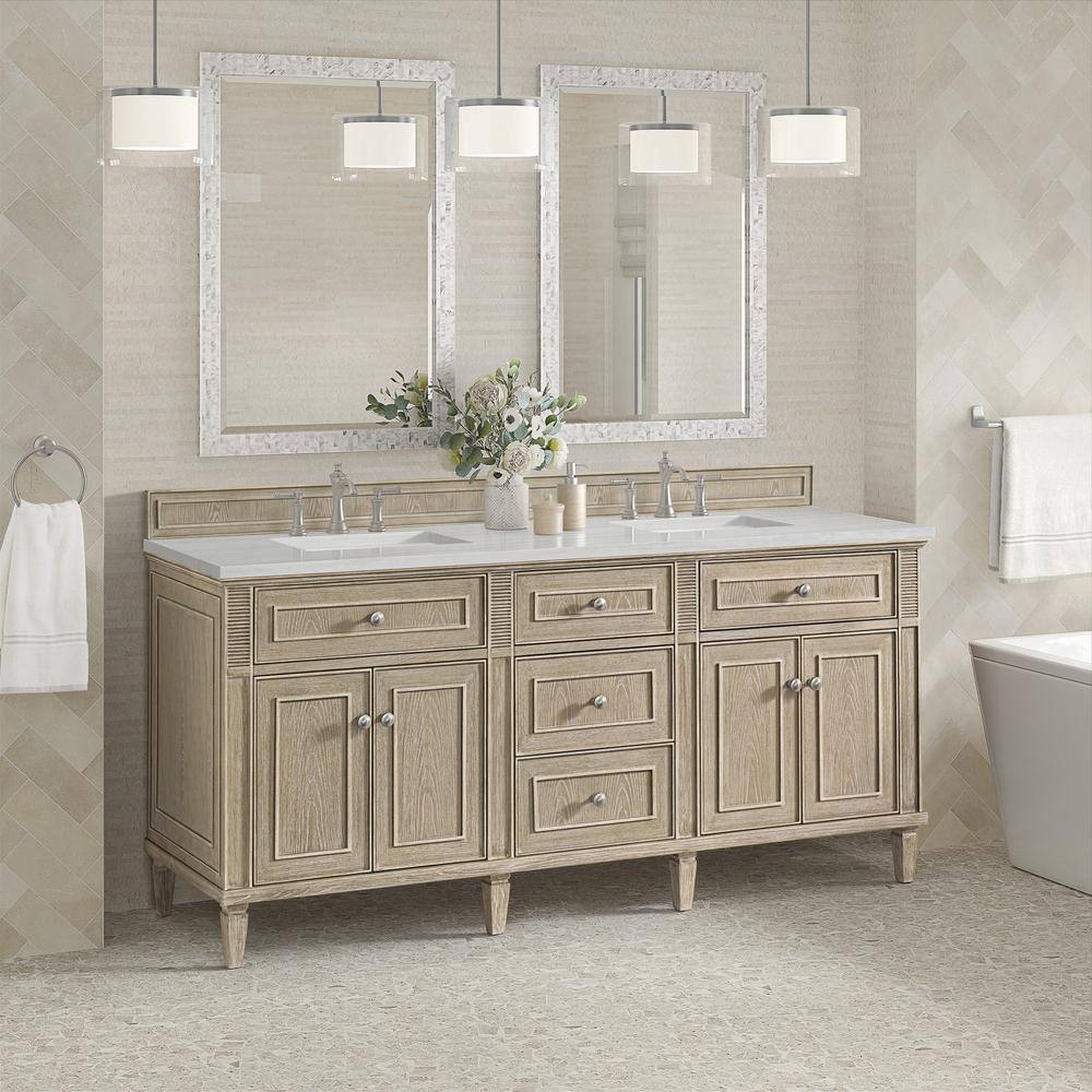 James Martin Vanities Lorelai 72" Double Sink Vanity in Whitewashed Oak with Arctic Fall Top