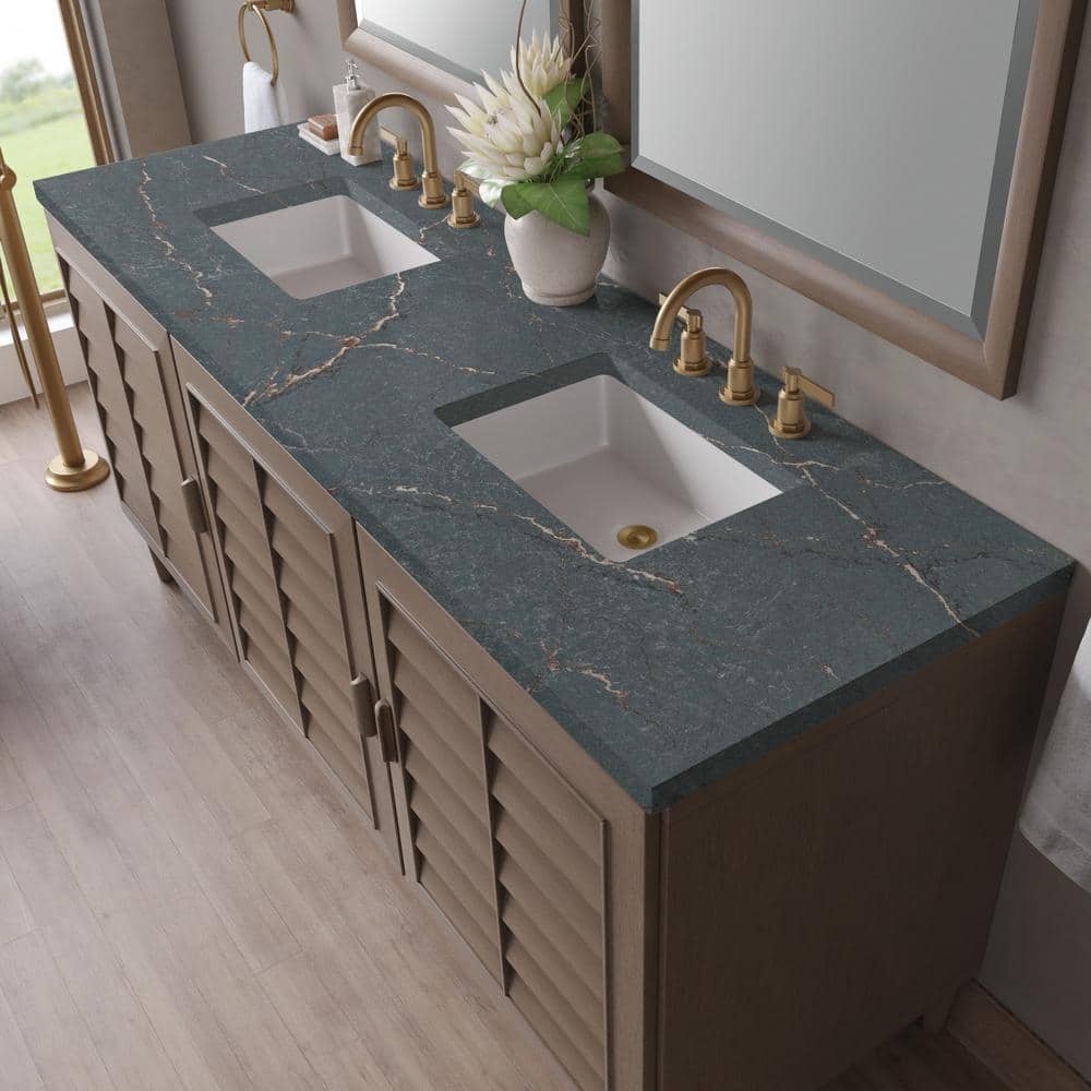 James Martin Vanities Portland 72" Bathroom Vanity in Whitewashed Walnut with Parisien Bleu Quartz Top