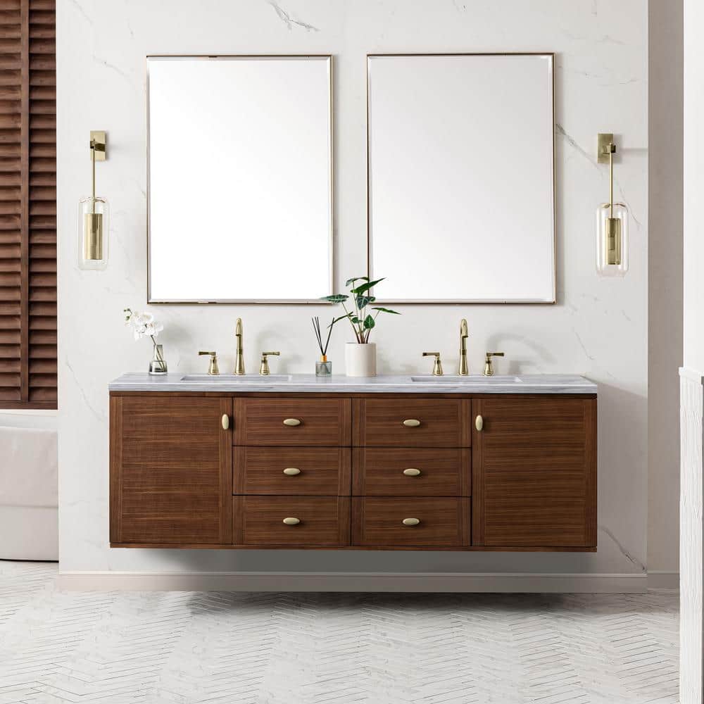 James Martin Vanities Amberly 72" Mid-Century Walnut Bathroom Vanity with Arctic Fall Top