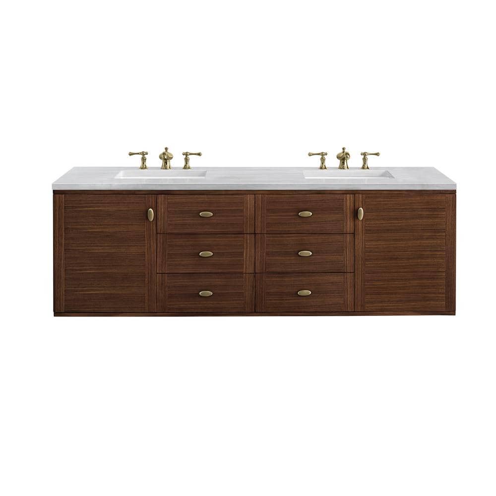 James Martin Vanities Amberly 72" Mid-Century Walnut Bathroom Vanity with Arctic Fall Top