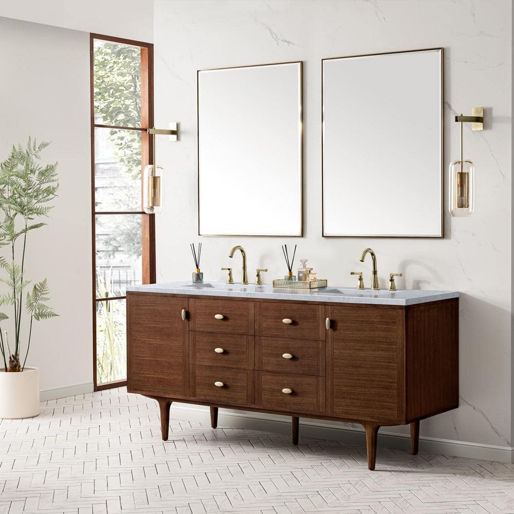 James Martin Vanities Amberly 72" Mid-Century Walnut Bathroom Vanity with Carrara Marble Top