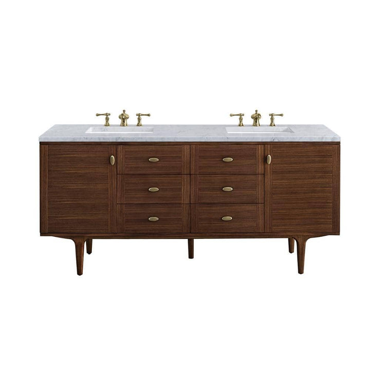 James Martin Vanities Amberly 72" Mid-Century Walnut Bathroom Vanity with Carrara Marble Top