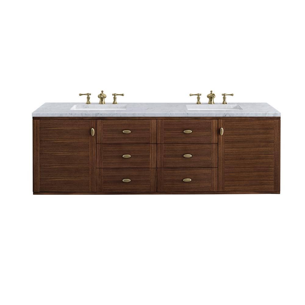 James Martin Vanities Amberly 72" Mid-Century Walnut Bathroom Vanity with Carrara Marble Top
