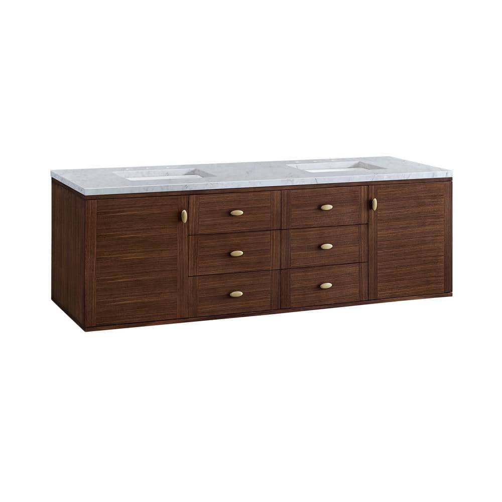 James Martin Vanities Amberly 72" Mid-Century Walnut Bathroom Vanity with Carrara Marble Top