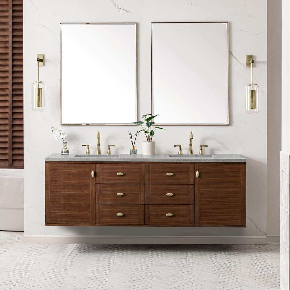James Martin Vanities Amberly 72" Mid-Century Walnut Bathroom Vanity with Quartz Top