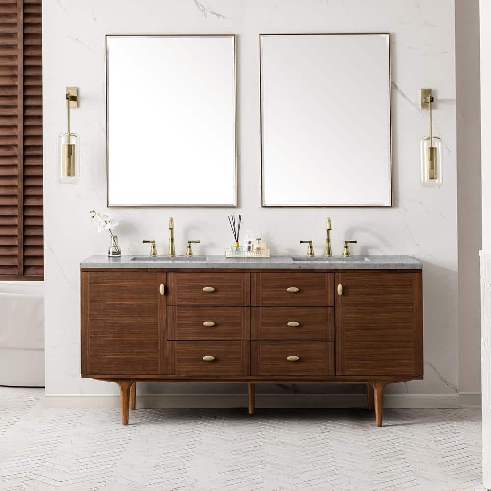 James Martin Vanities Amberly 72" Mid-Century Walnut Bathroom Vanity with Quartz Top