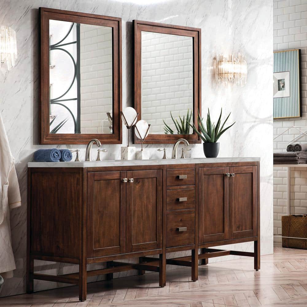 James Martin Vanities Addison 72" Double Vanity in Mid-Century Acacia with Quartz Top