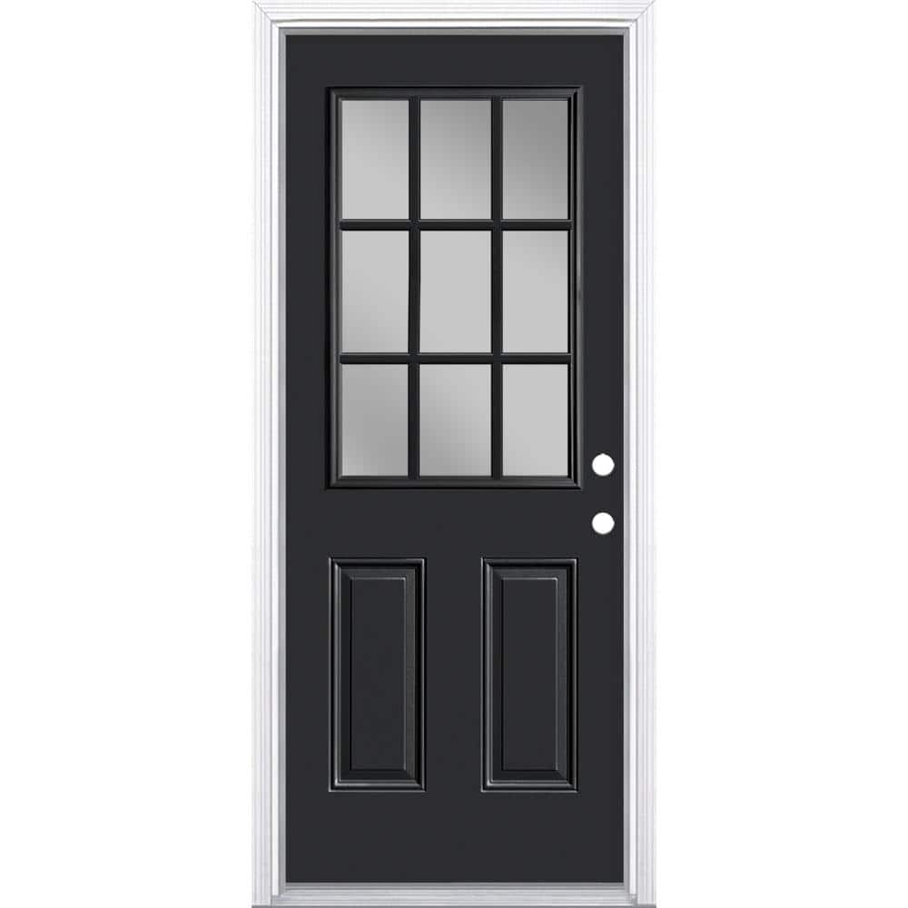 Masonite 32 in. x 80 in. 9 Lite Left-Hand Inswing Painted Steel Prehung Exterior Door with Brickmold, Jet Black