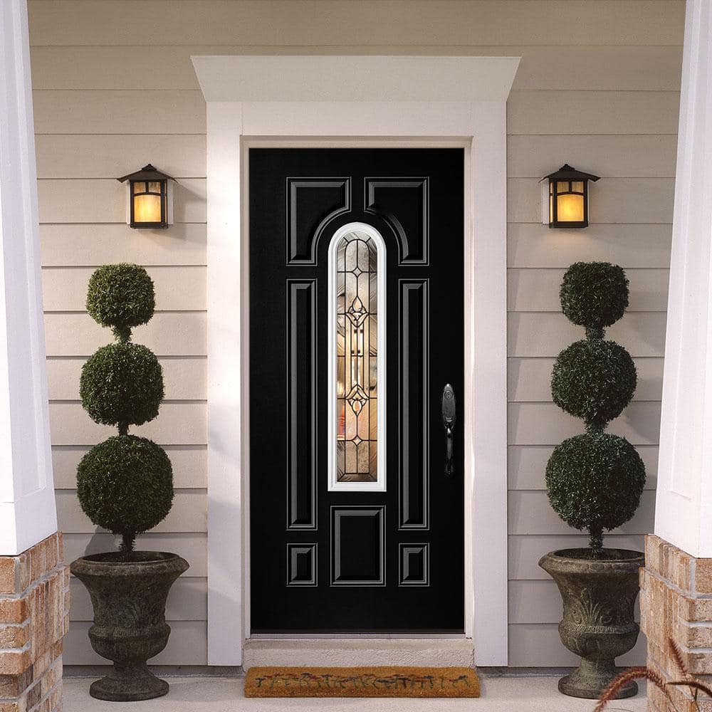 Masonite Providence Center Arch Jet Black Steel Prehung Front Door with Brickmold, Left-Hand Inswing, 36 in. x 80 in.