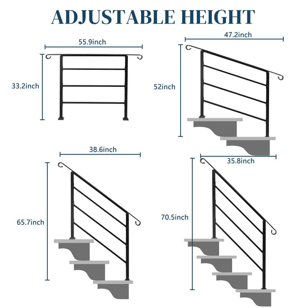 Karl home 33.2 in. H x 55.9 in. W Black Transitional Handrail Fits 4-Step Iron Stair Railing Kit