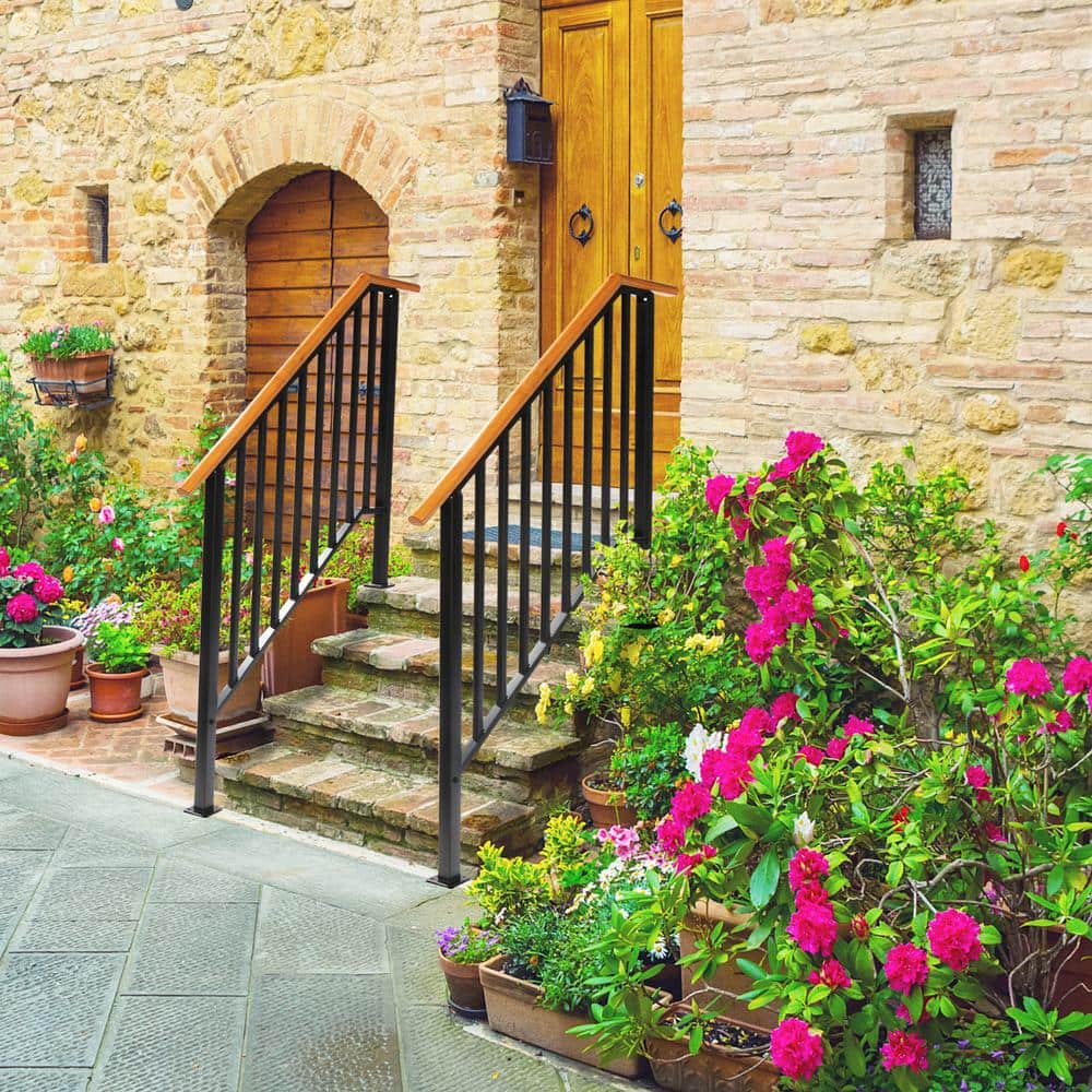 Karl home 64.6 in. x 46.5 in. Black Iron Wood Baluster Railing Kit