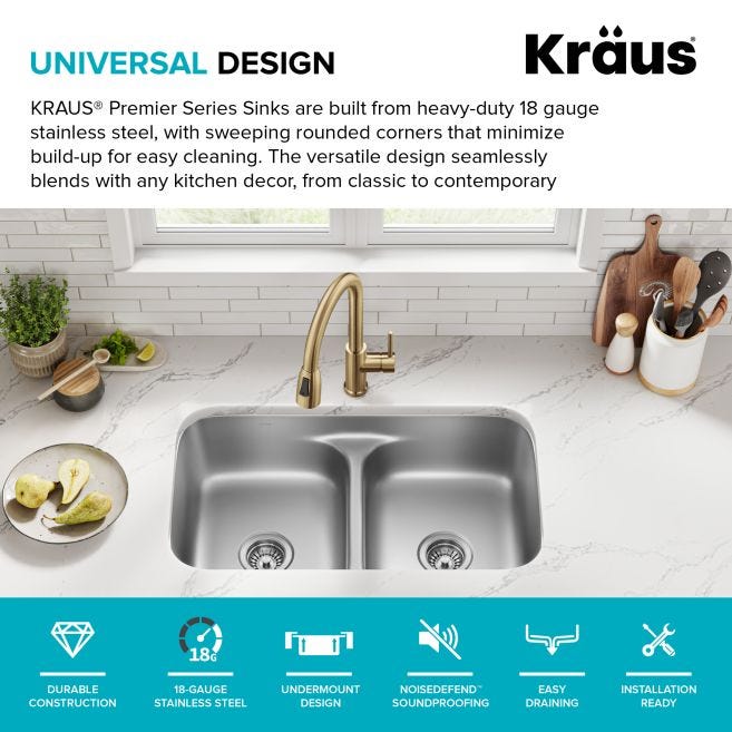 KRAUS Premier Undermount Stainless Steel 32 in. 50/50 Double Bowl Kitchen Sink