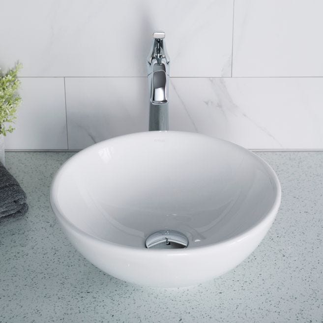 KRAUS Elavo Small Round Ceramic Vessel Bathroom Sink in White, 13-3/4 in.