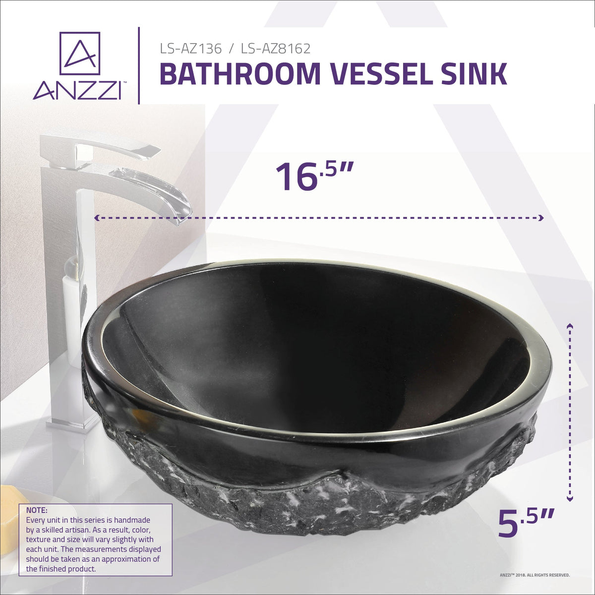 ANZZI Diver Vessel Sink in Black Jade, 16.5 in. Round, 5.5 in. H