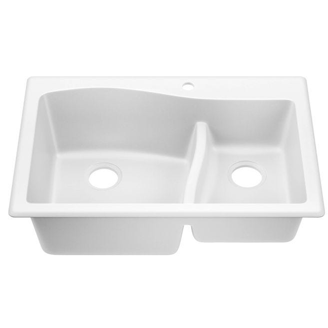 Kraus Quarza 33-in x 22-in 60/40 Double Offset Bowl Dual-Mount (Drop-In/Undermount) 1-Hole Granite Composite Kitchen Sink, White