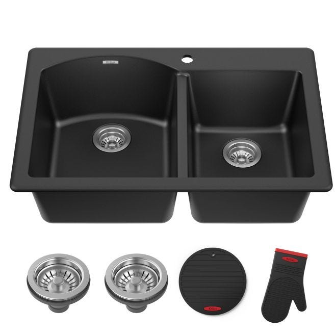 KRAUS Forteza All-in-One Drop-In/Undermount Granite Composite 33 in. 1-Hole 60/40 Double Bowl Kitchen Sink in Black