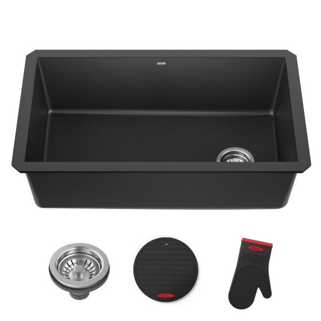 KRAUS Undermount Granite Composite 32 in. Single Basin Kitchen Sink Kit in Black