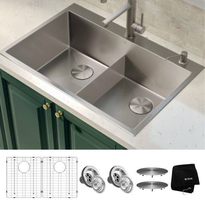 Kraus Standart Pro 33-in x 22-in Stainless Steel Double Equal Bowl Dual-Mount 2-Hole Kitchen Sink, KHT302-33